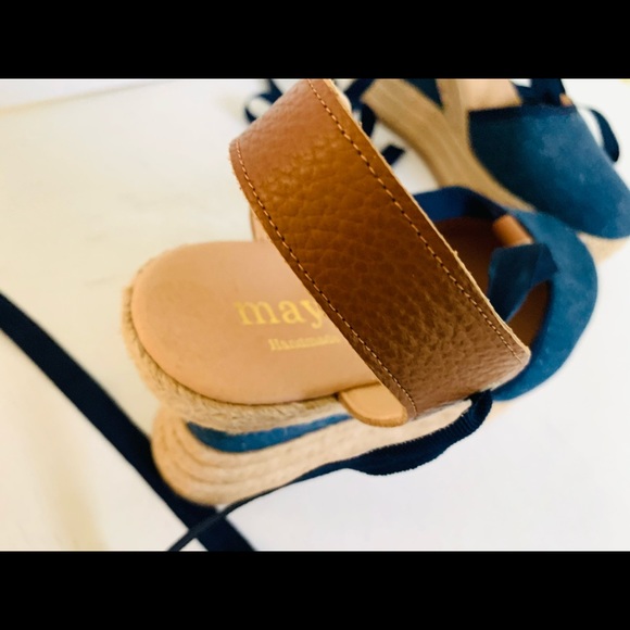 Gorgeous blue denim espadrille tie-up shoes platform wedges leather sling back - Picture 8 of 10